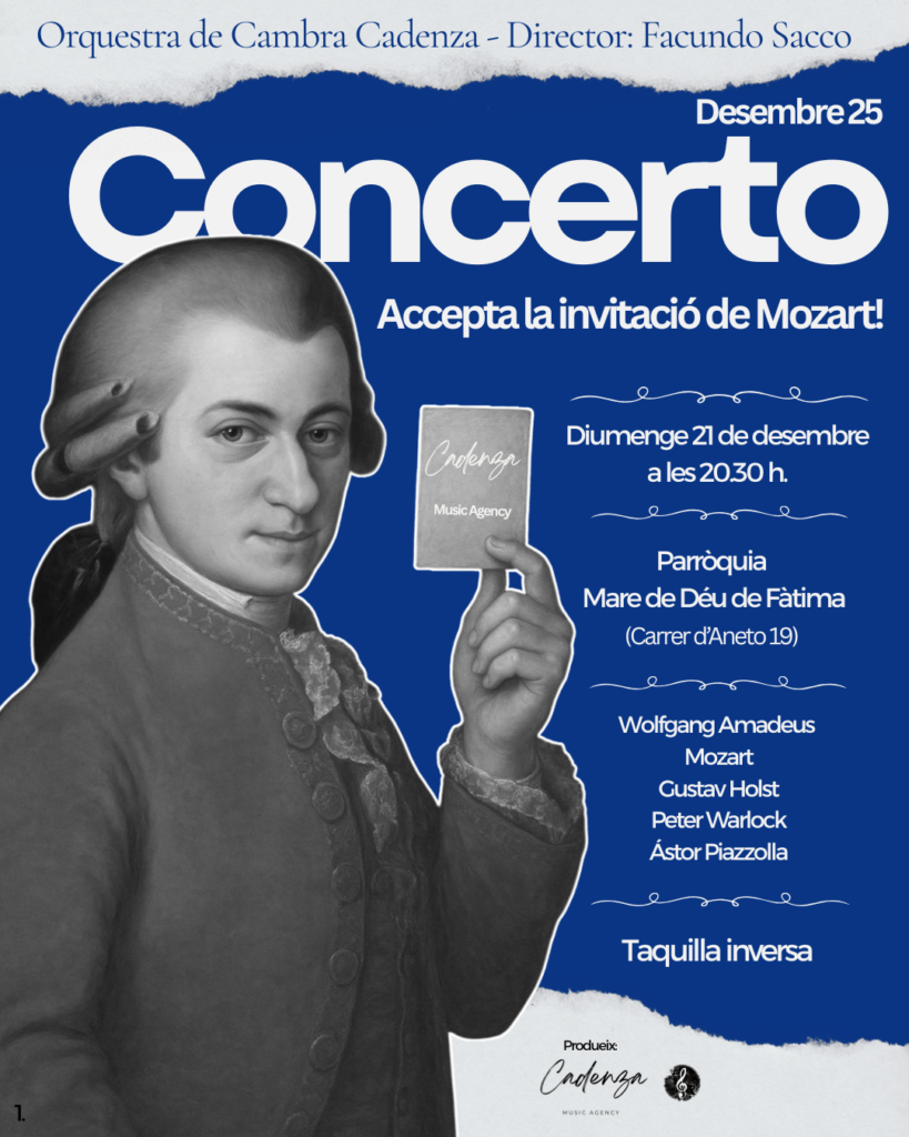 Concierto sinfónico · Vilapicina:
Programa con obras de Mozart, Holst, Warlock y Piazzolla, presentado en el entorno cultural de Vilapicina.
El inicio de nuestro recorrido: una primera puesta en escena donde se define nuestra forma de entender la música, el trabajo y la conexión con el público.
